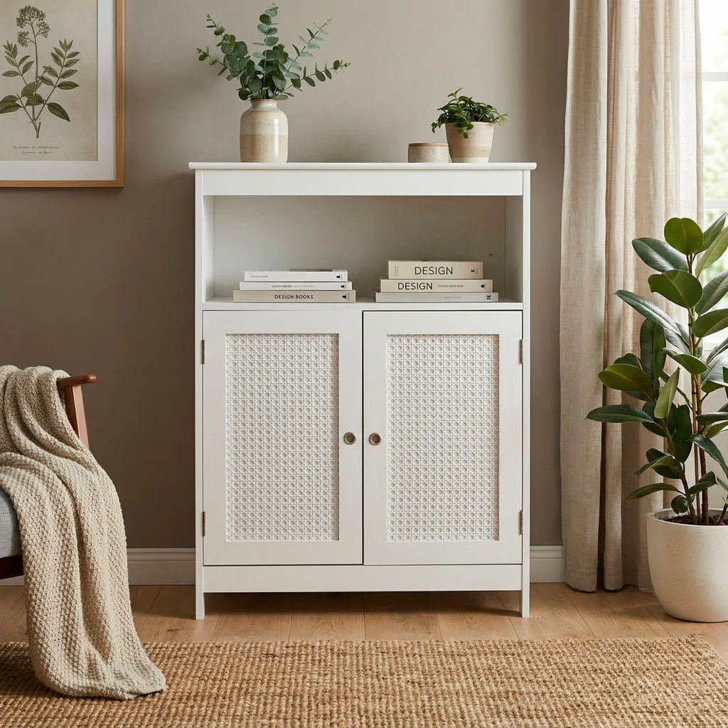 Étagère étroite en cannage de rotin pour aménagement intérieur