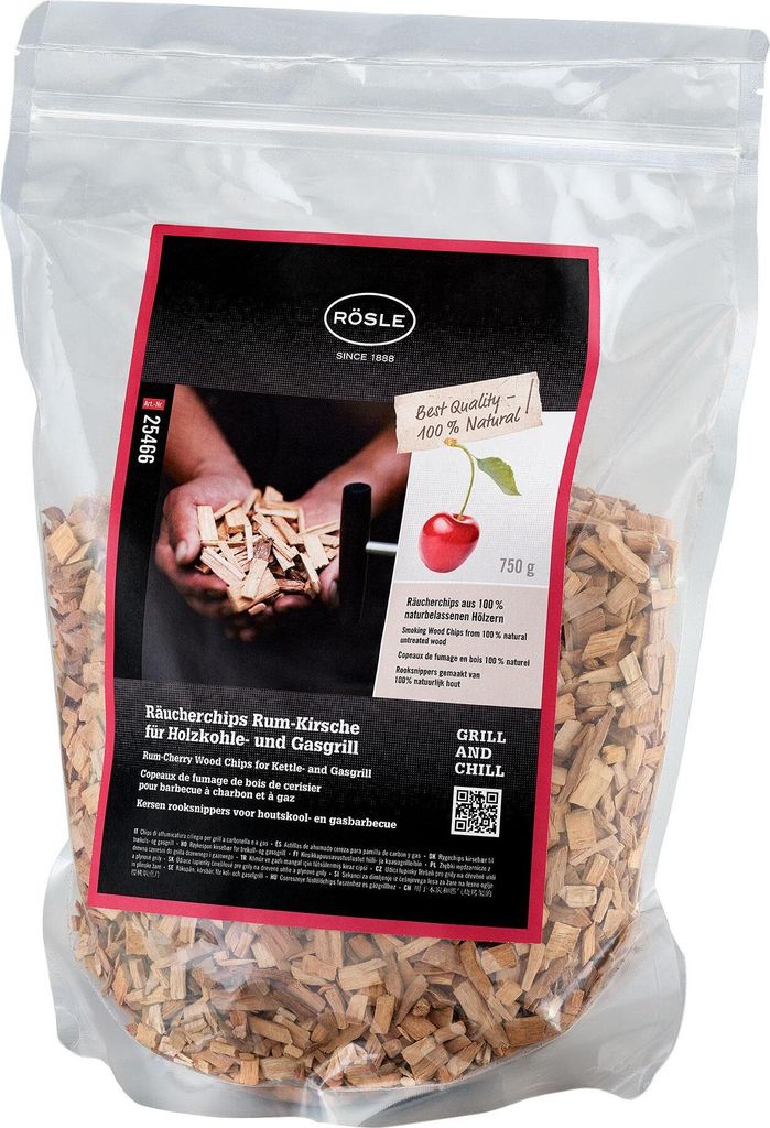 RÖSLE Räucherchips Rum-Kirsche, 750 g, für Räucherbox auf Smoker, Holzkohle- und Gasgrills, rauchaktiv, naturbelassenes Holz, Braun