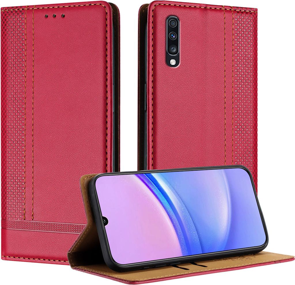 Handyhülle für Samsung Galaxy A70 A70S Leder Flip Klappbare Schutzhülle mit Standfunktion Rot