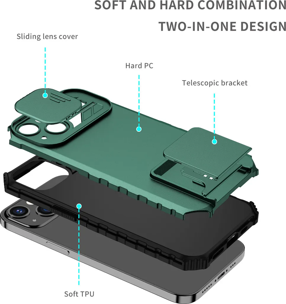 Custodia per iPhone 12 a doppio strato robusta, protezione militare con supporto e protezione fotocamera scorrevole verde