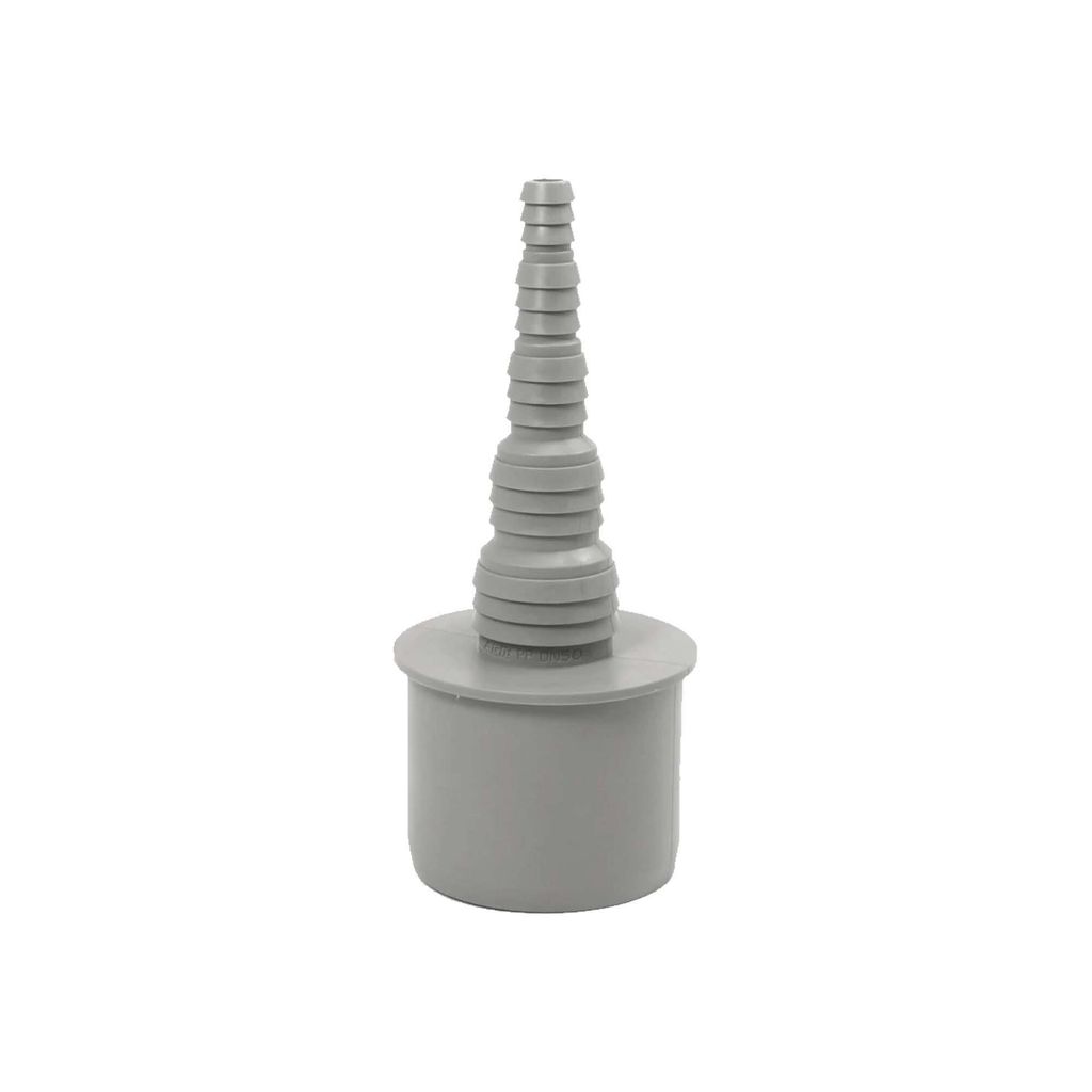 A gray plastic hose adapter with a tapered end is shown against a white background.