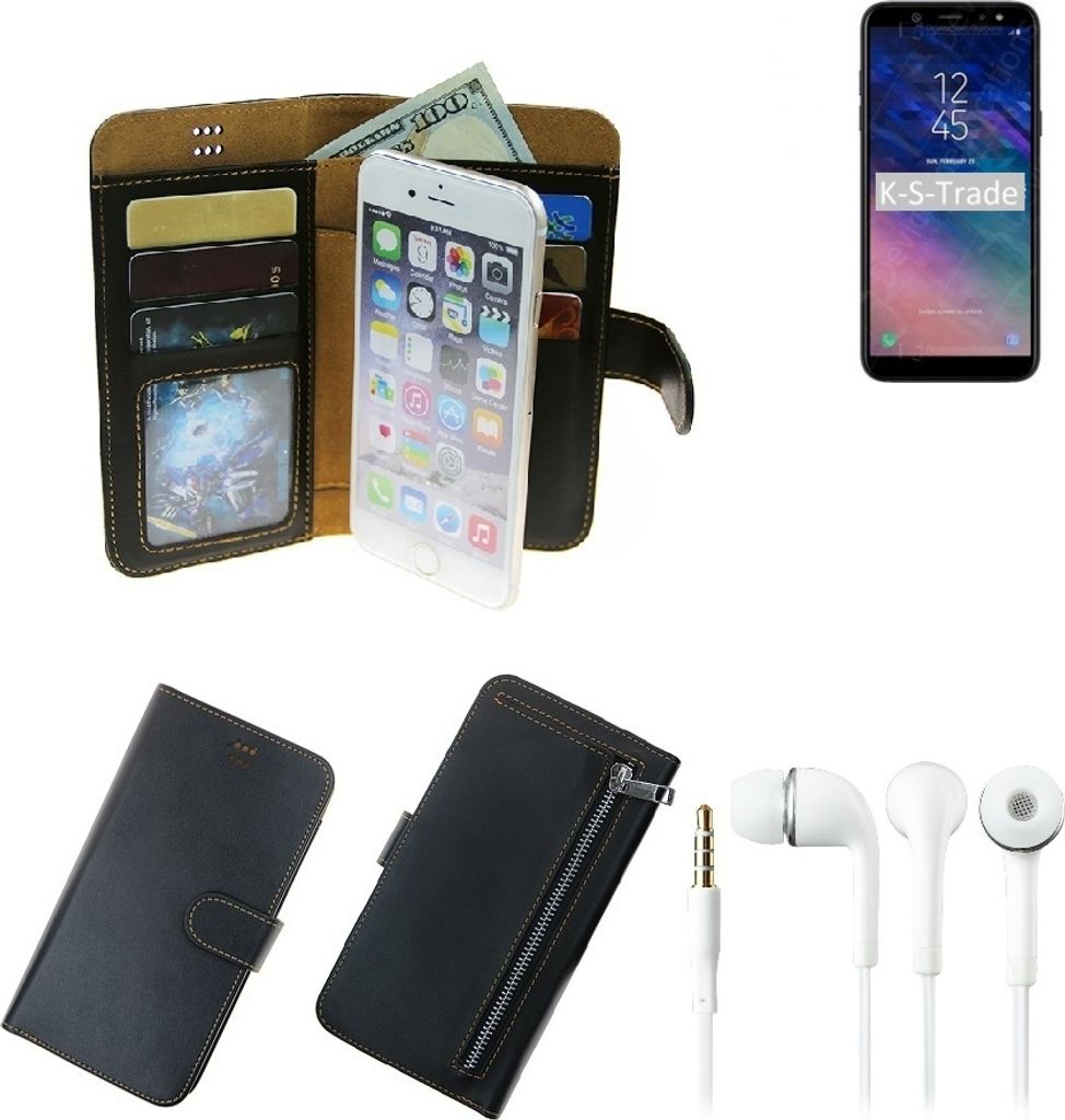 TOP SET Handy Hülle Schutz Hülle kompatibel mit Samsung Galaxy A6 Plus (2018) schwarz aus Kunstleder + Kopfhörer Smartphone Tasche vollwertige
