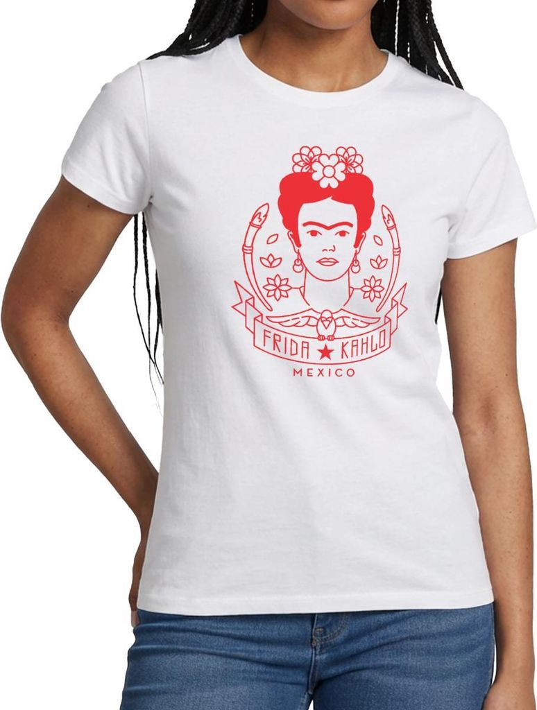 Spreadshirt Frida Kahlo Portrait Blumenkranz Rot Frauen T-Shirt, L, Weiß