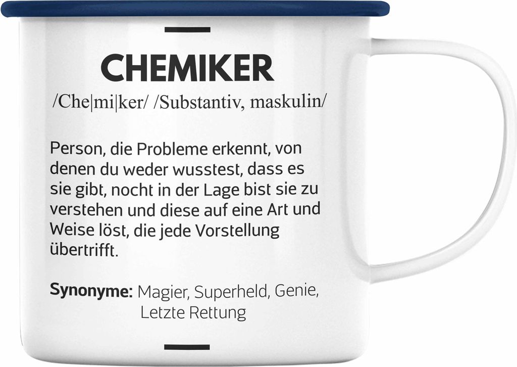 Trendation - Chemiker Geschenke Emaille Tassen Emaille Tasse Chemielaborant Chemie Geschenk Chemielabor Gadget Geschenkidee Lustig (Blau)
