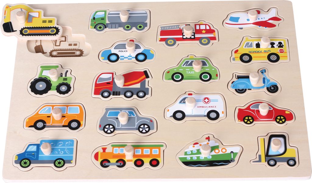 A wooden puzzle board with various vehicle shapes cut out, each with a peg for easy handling.