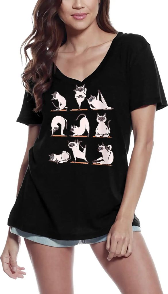 Damen Grafik T-Shirt V-Ausschnitt Siamkatzen meditieren Yoga Frieden – Siamese Cats Meditate Yoga Peace – Öko-Verantwortlich Vintage Jahrgang ...