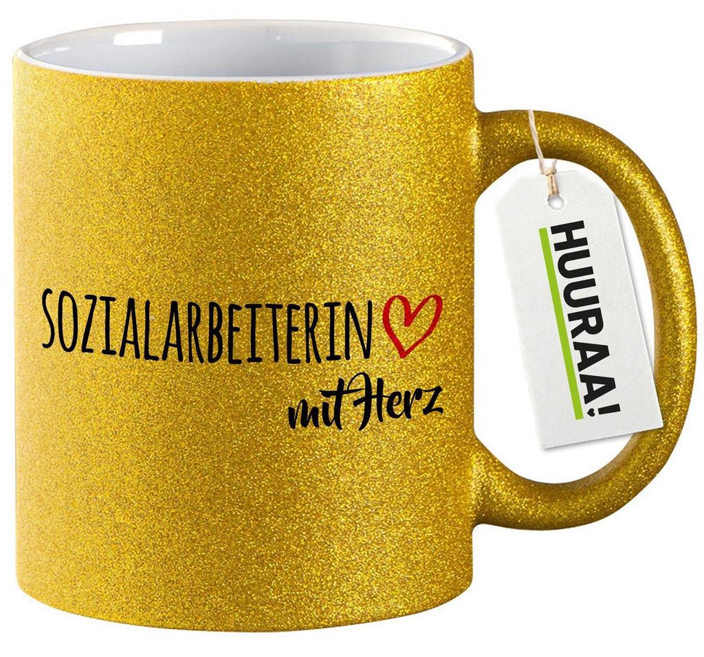 Huuraa Glitzertasse Sozialarbeiterin mit Herz 330ml Gold Keramik Kaffeebecher Geschenkidee