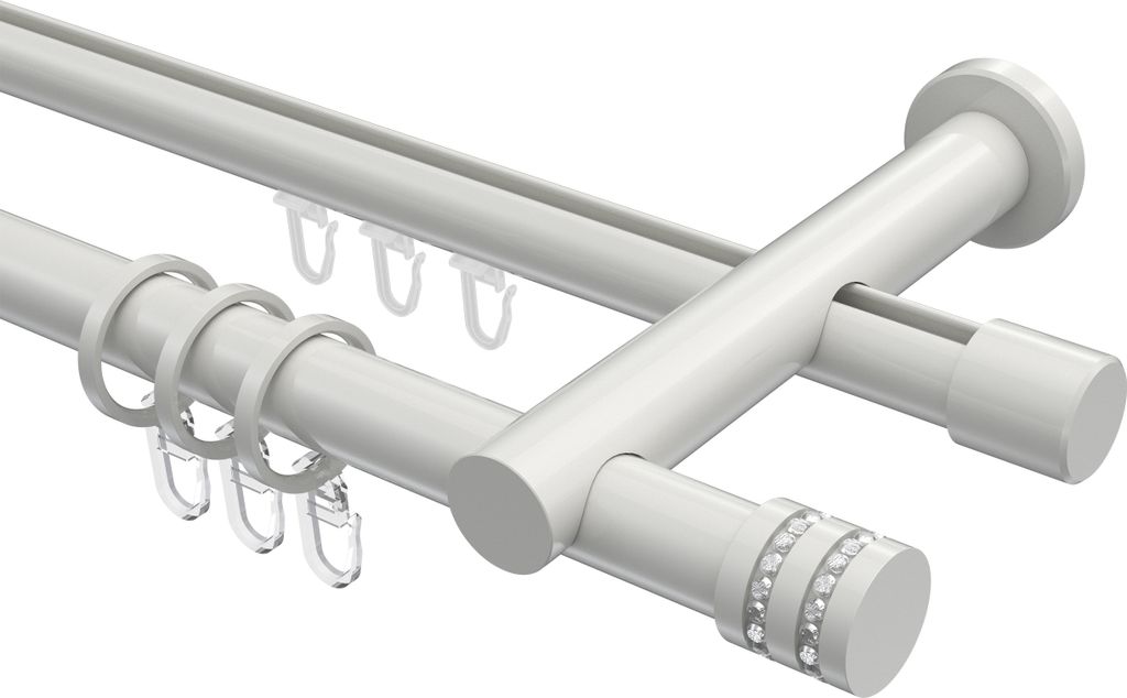 Interdeco Rundrohr-Innenlaufstange / Gardinenstange (Kombination) Weiß, Typ Platon Estana (Glitzerkappe), 20 mm Ø 2-läufig, 180 cm