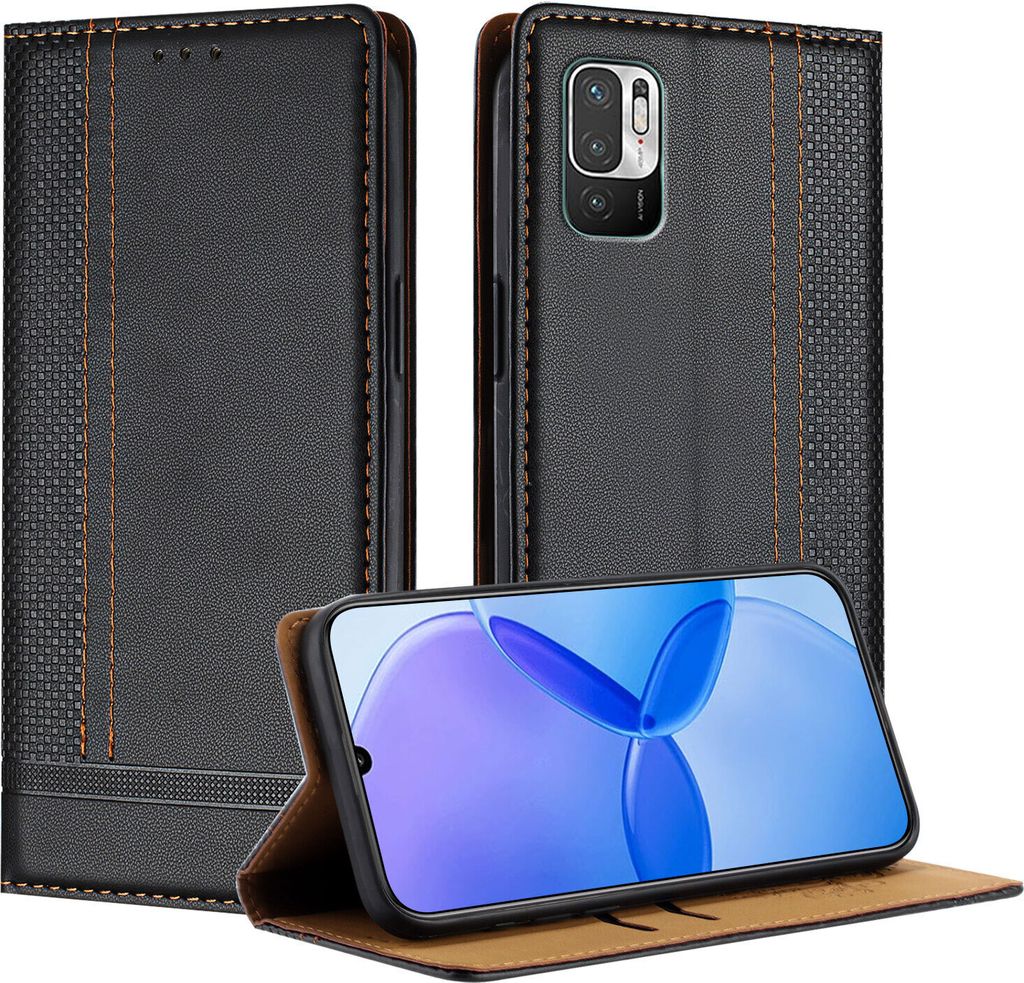 Handyhülle für Xiaomi Redmi 10 4G Leder Flip Klappbare Schutzhülle mit Standfunktion Schwarz
