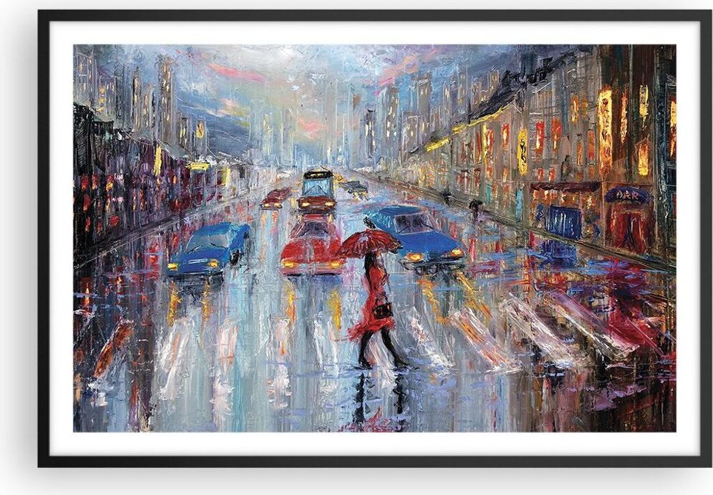 Gerahmtes Poster - Schwarzer Rahmen - Acryl Stadt Regen - 91,5x61 cm - Wand Bild - Wanddeko - Wandbilder - Kunstposter - Wandposter - Bilderrahmen ...