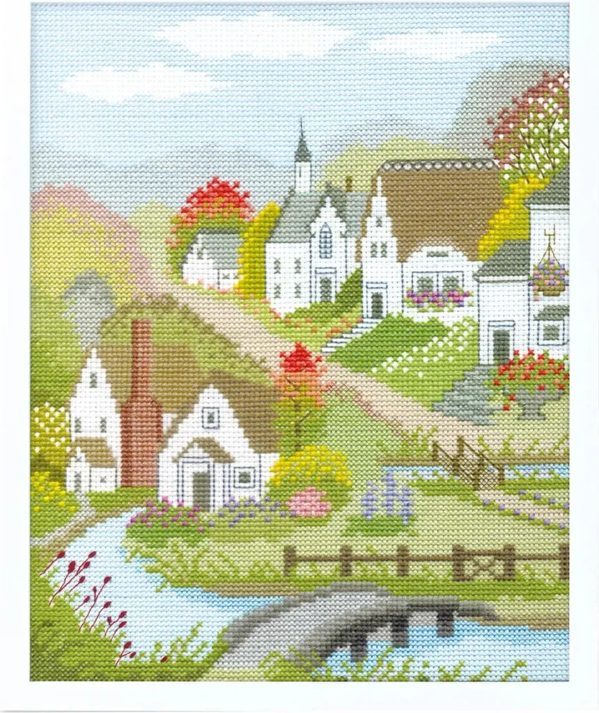 Canevas point de croix Village en automne pour détente créative 29 cm