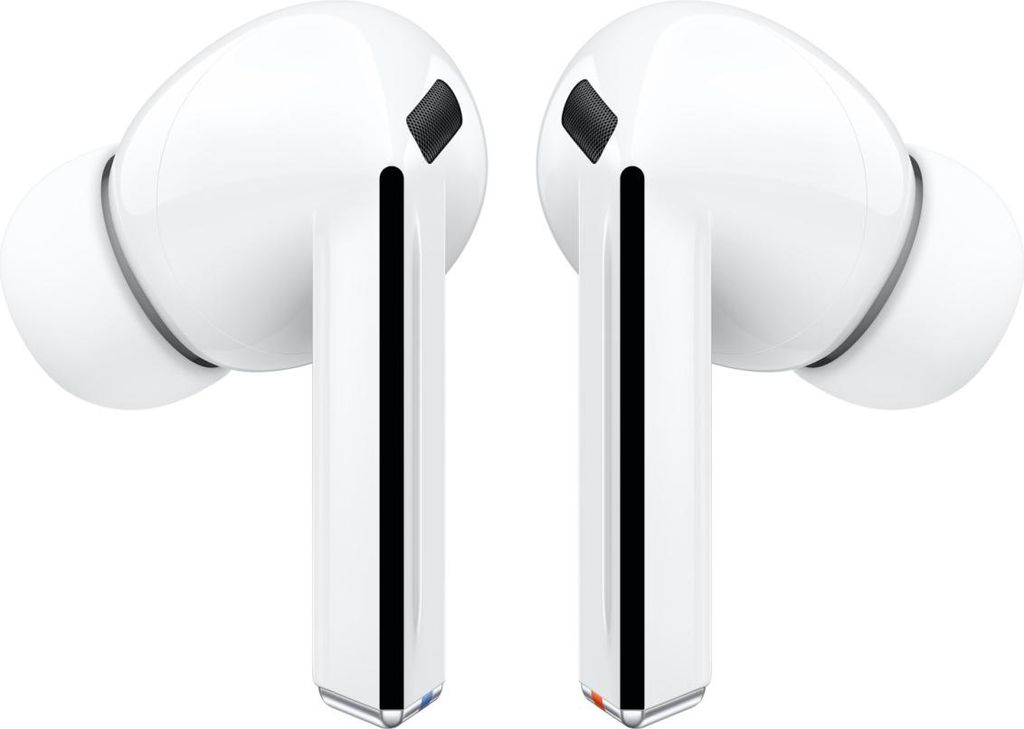 A pair of white wireless earbuds.
