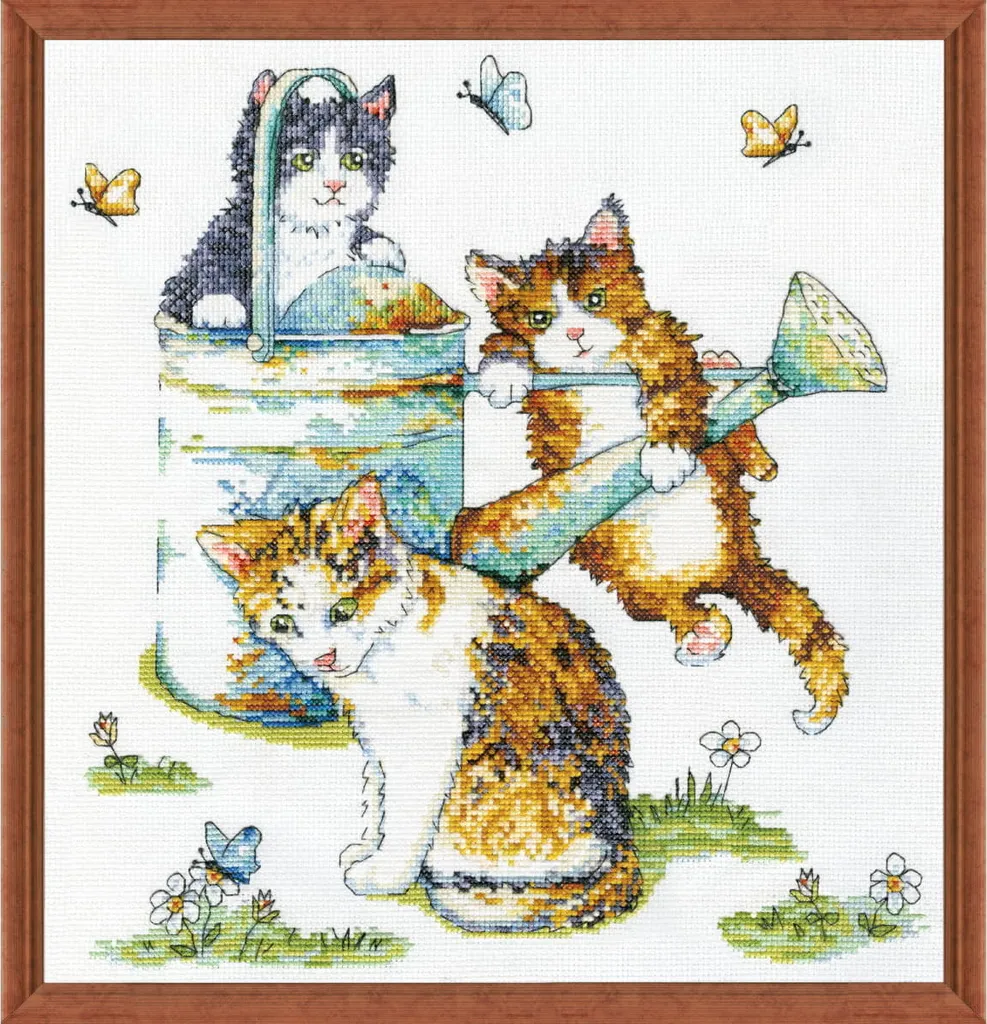 Kit Broderie Point de Croix Compté Motif Chats et Fleurs 30x30 cm