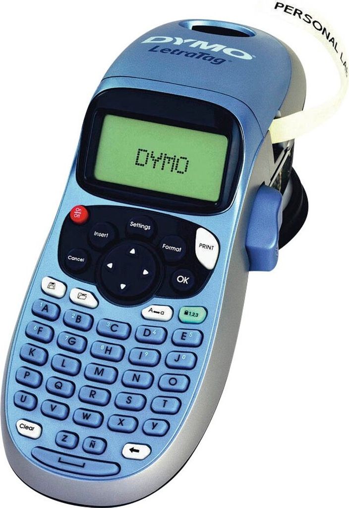 A blue and gray DYMO LetraTag label maker is shown against a white background.