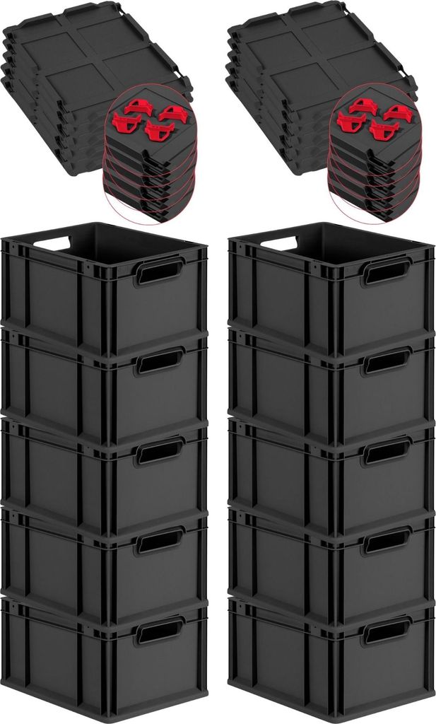 SuperSparSet 10x Eurobox NextGen Grip mit Scharnierdeckel und roten Schiebeschnappverschlüssen | HxBxT 22x30x40cm | 20 Liter | Schwarz | Griffe of...