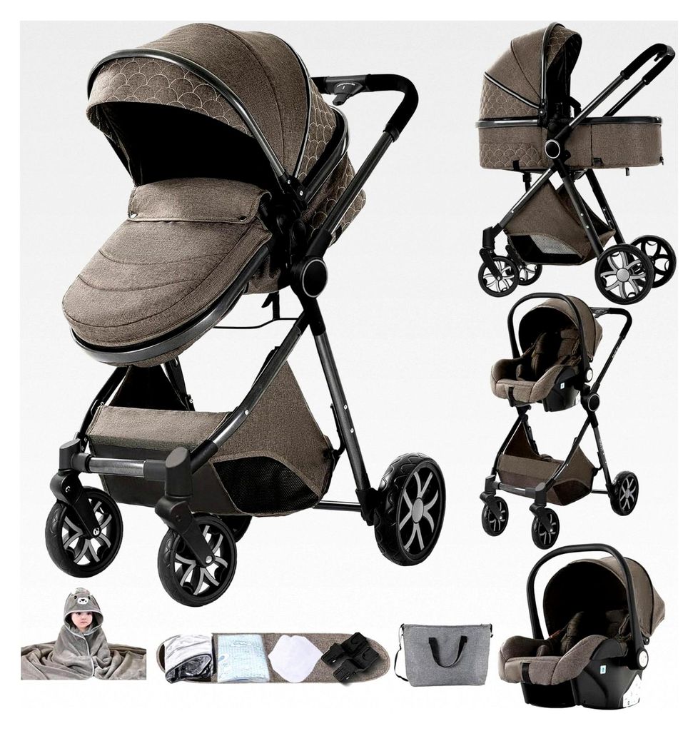 3-in-1 Kinderwagen, Kombikinderwagen mit umkehrbarem Doppelschiebemodus, große bequeme Babywanne, faltbarer Aluminiumrahmen für hohe Landschaft