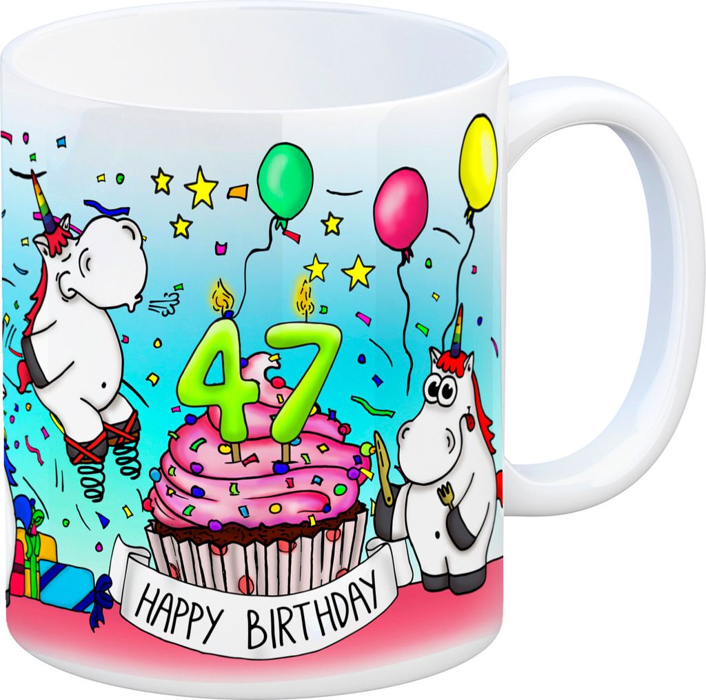 Honeycorns Tasse zum 47. Geburtstag mit Muffin und Einhorn Party Kaffeebecher