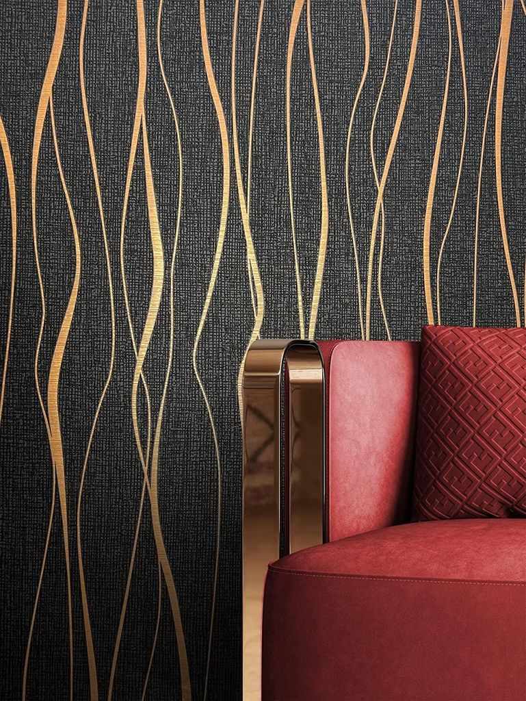 NEWROOM Tapete Schwarz Vliestapete Leicht Glänzend - Streifentapete Landhaus Gold Bronze Streifen Linien Modern