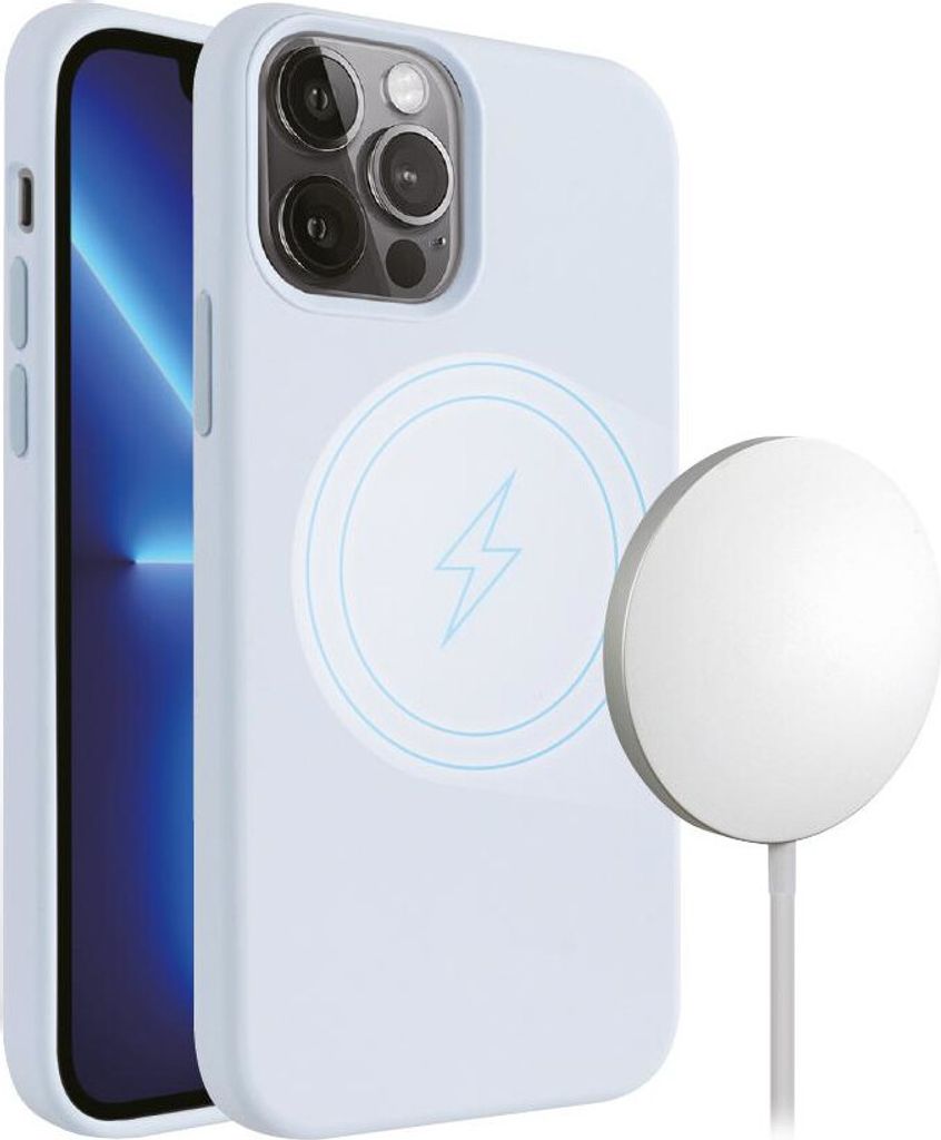 A light blue iPhone case with a magnetic wireless charging symbol is shown next to a white magnetic wireless charger.