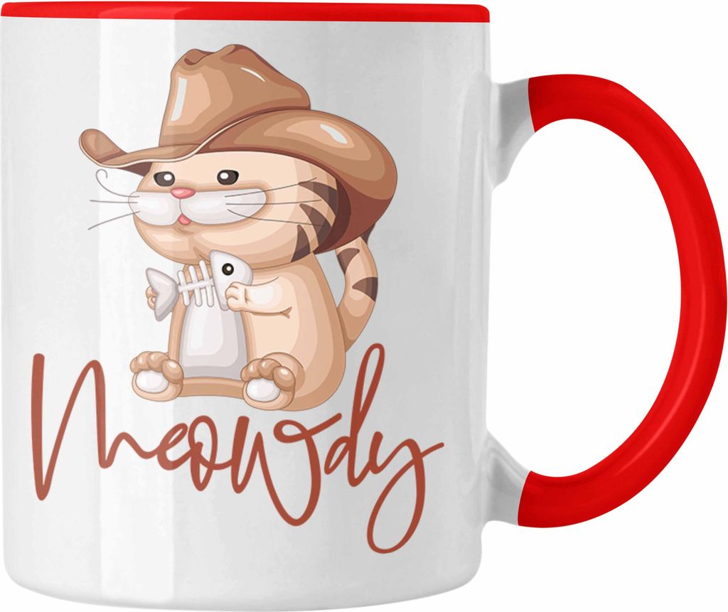 Trendation - Meowdy Tasse Geschenk Katzenliebhaber Geschenkidee (Rot)