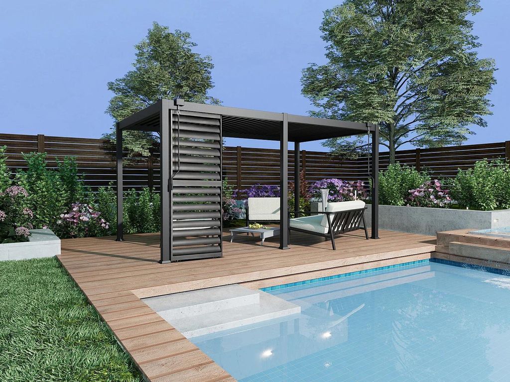 Freistehende bioklimatische Aluminium-Pergola 15m² mit Sonnenschutz-Lamellenwand L100 cm - Anthrazit - ALMAFI