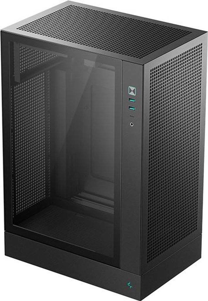 A black computer tower case with a glass side panel.