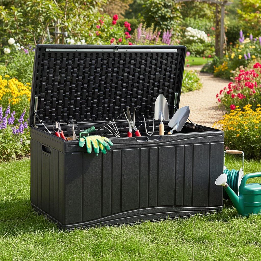 300L Gartenbox, Auflagenbox wasserfest mit Deckel, Stützstangen & Schlossöffnung, Aufbewahrungsbox aus HDPE (Schwarz)