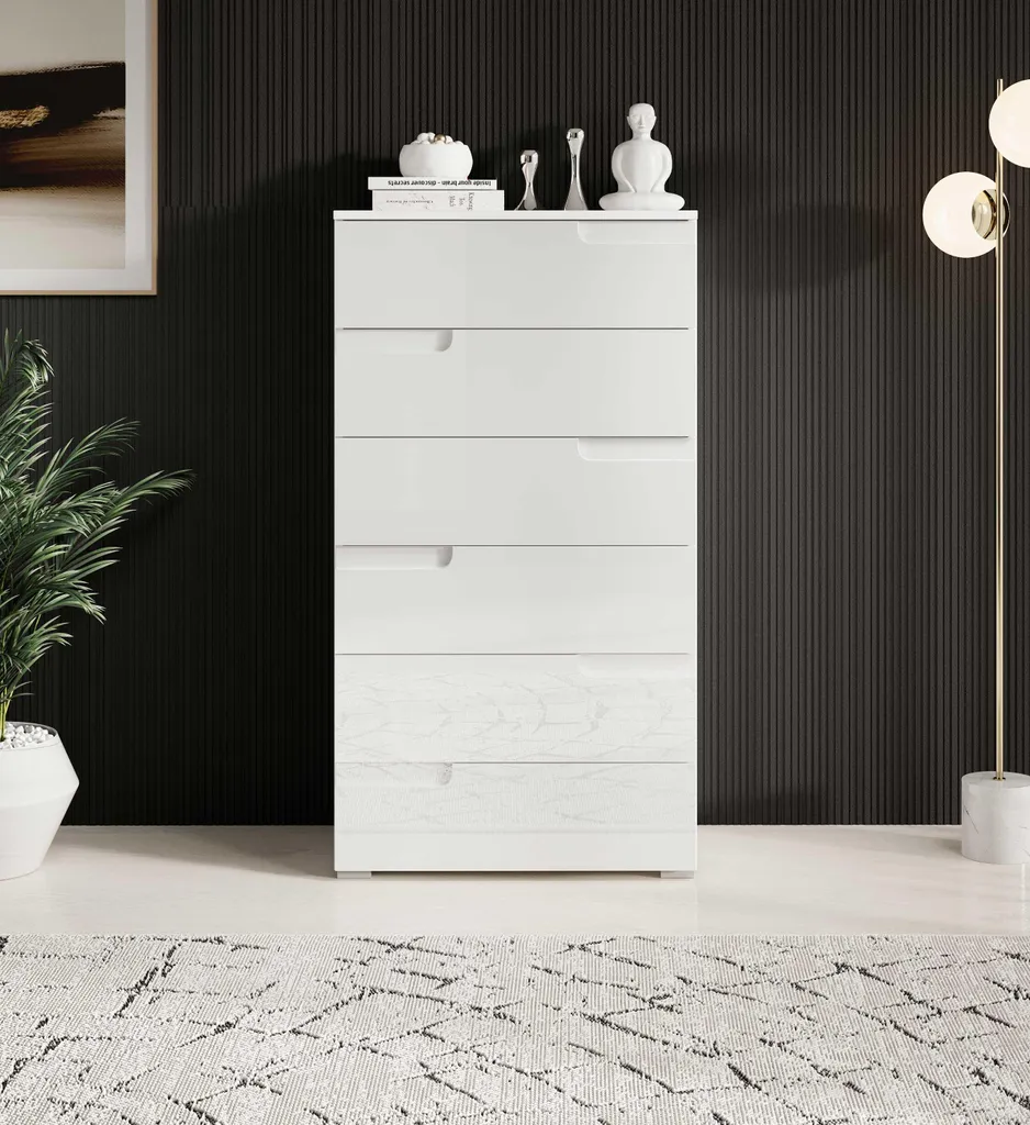 Rangement chambre : Commode 6 tiroirs blanc brillant gain de place 65cm