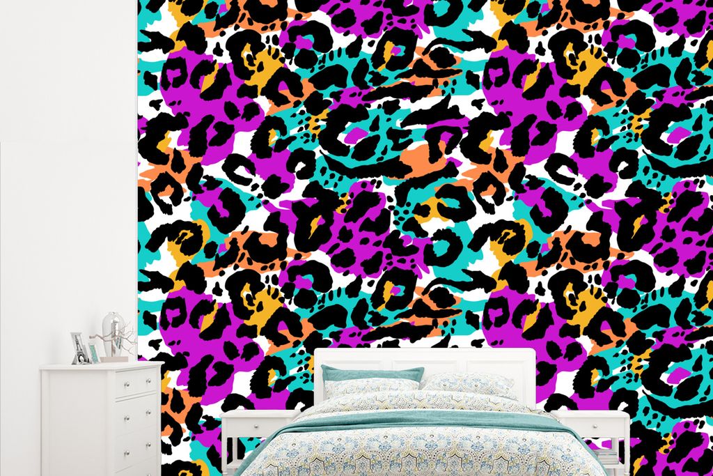 MuchoWow Fototapete für Wohnzimmer oder Schlafzimmer Wandtapete Vinyl Motivtapete Regenbogen - Panther - Muster - 265x220 cm - Die Küche