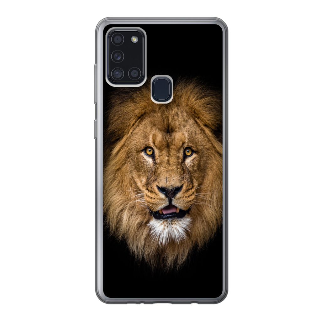MuchoWow Handyhülle Schutzhülle Hülle für Samsung Galaxy A21s Löwe - Porträt - Schwarz - Tiere Silikon Softcase Handy Hülle - Hartschale