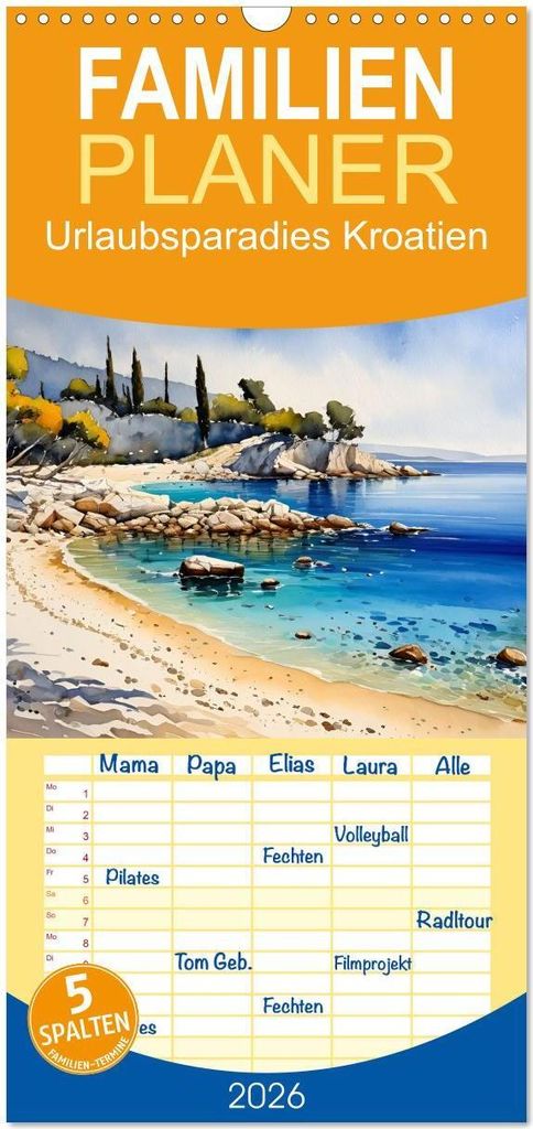 Familienplaner 2026 - Urlaubsparadies Kroatien mit 5 Spalten (Wandkalender, 21 x 45 cm) CALVENDO