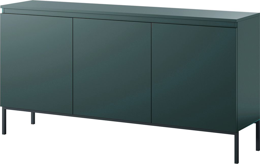A dark green three-door sideboard with thin metal legs, presented against a white background.
