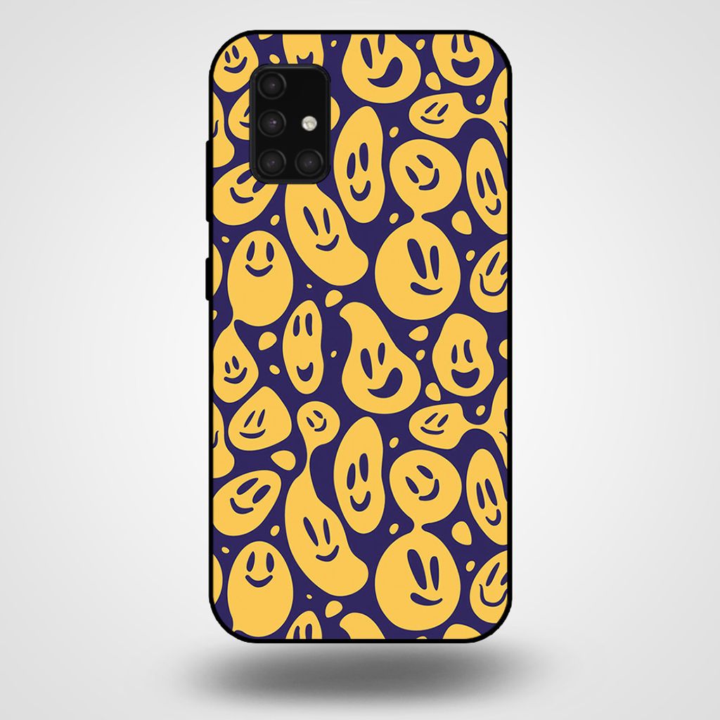 Smartphonica Handytasche für Samsung Galaxy A71 5G mit Smiley Druck - TPU Rückseite Abdeckung Fall Emoji Design - Lila Gelb