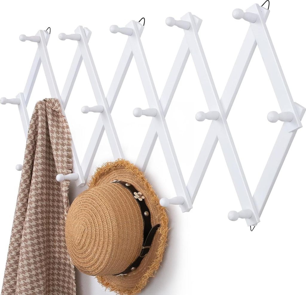Wandgarderobe Holz Weiß mit 16 Haken Akkordeon Kleiderhaken - Flurgarderobe und Tassenständer