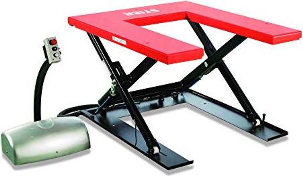 STIER Scheren-Hubtisch elektrisch mit U-Profil, 1000kg Tragkraft, Plattform mit Pulverbeschichtung: 1450x1140mm, Hubtisch Rot mit externem Bediente...