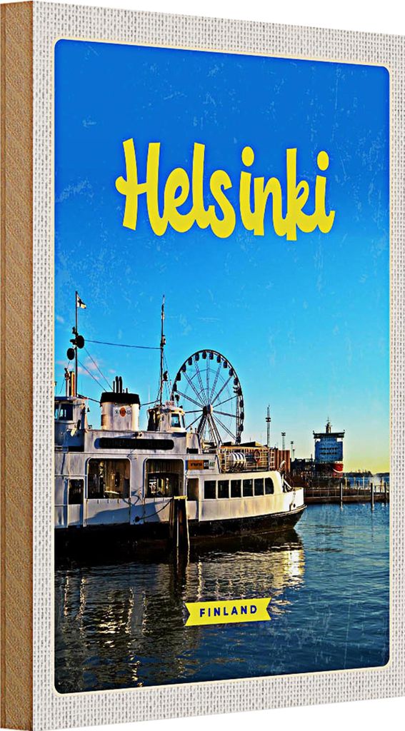 Holzschild Reise 20x30cm Helsinki Finnland Schiff Riesenrad