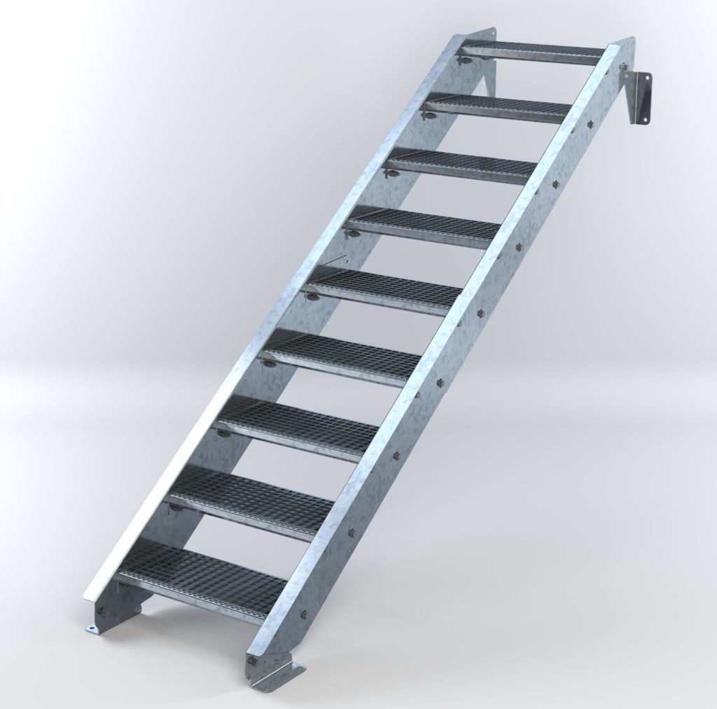 Stahltreppe 9 Stufen bis Höhe 180 cm, Laufbreite : 60 cm kein Geländer ST 2 (31 / 31 mm gezackt)