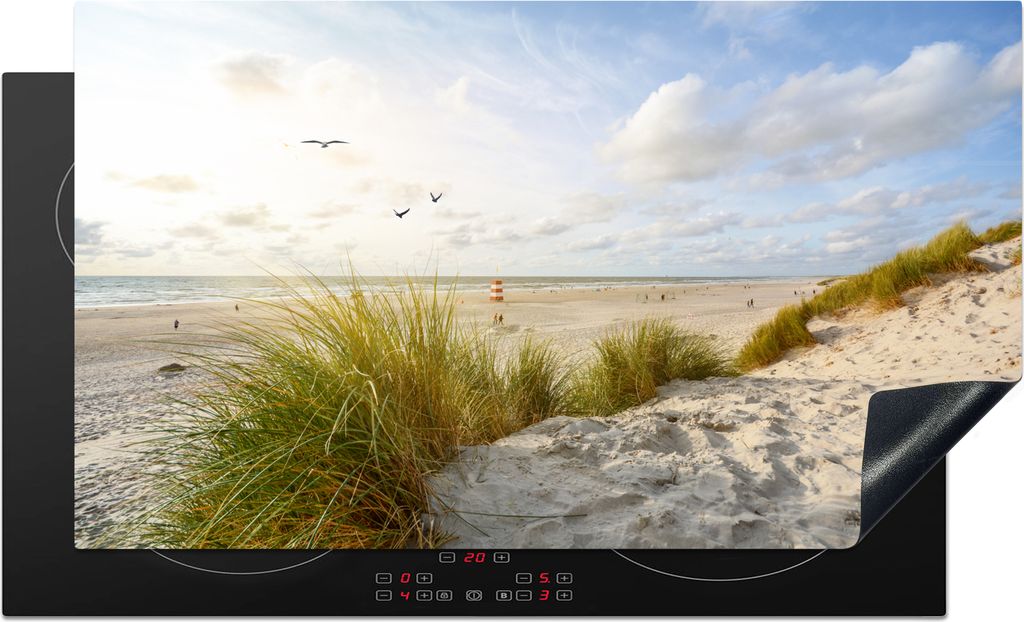 KitchenYeah Herdabdeckplatte Strand - Meer - Vögel , 91x52cm, Küche Deko, Glaskeramikkochfeld Herdabdeckung, Abdeckplatte fùr Kochfeld