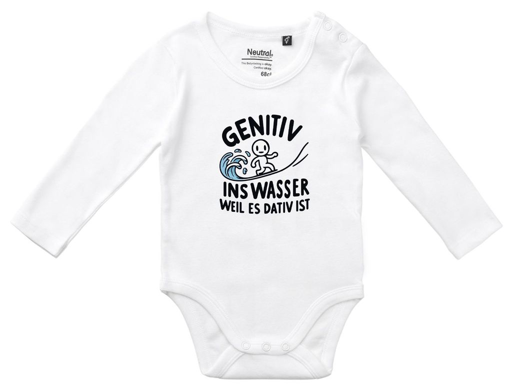 Huuraa Baby Body Genitiv ins Wasser Dativ ist 80 White Baumwolle Fairtrade Langarmbody Geschenkidee