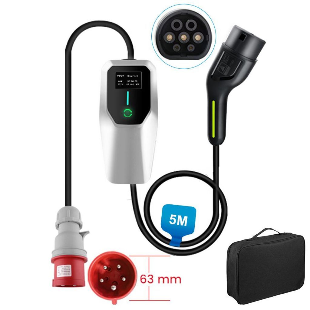 22 kW Mobile EV-Ladestation Typ 2, 5 m Ladekabel, 3-polig, 8–32 A, CEE-Adapter Inkl. Tragetasche