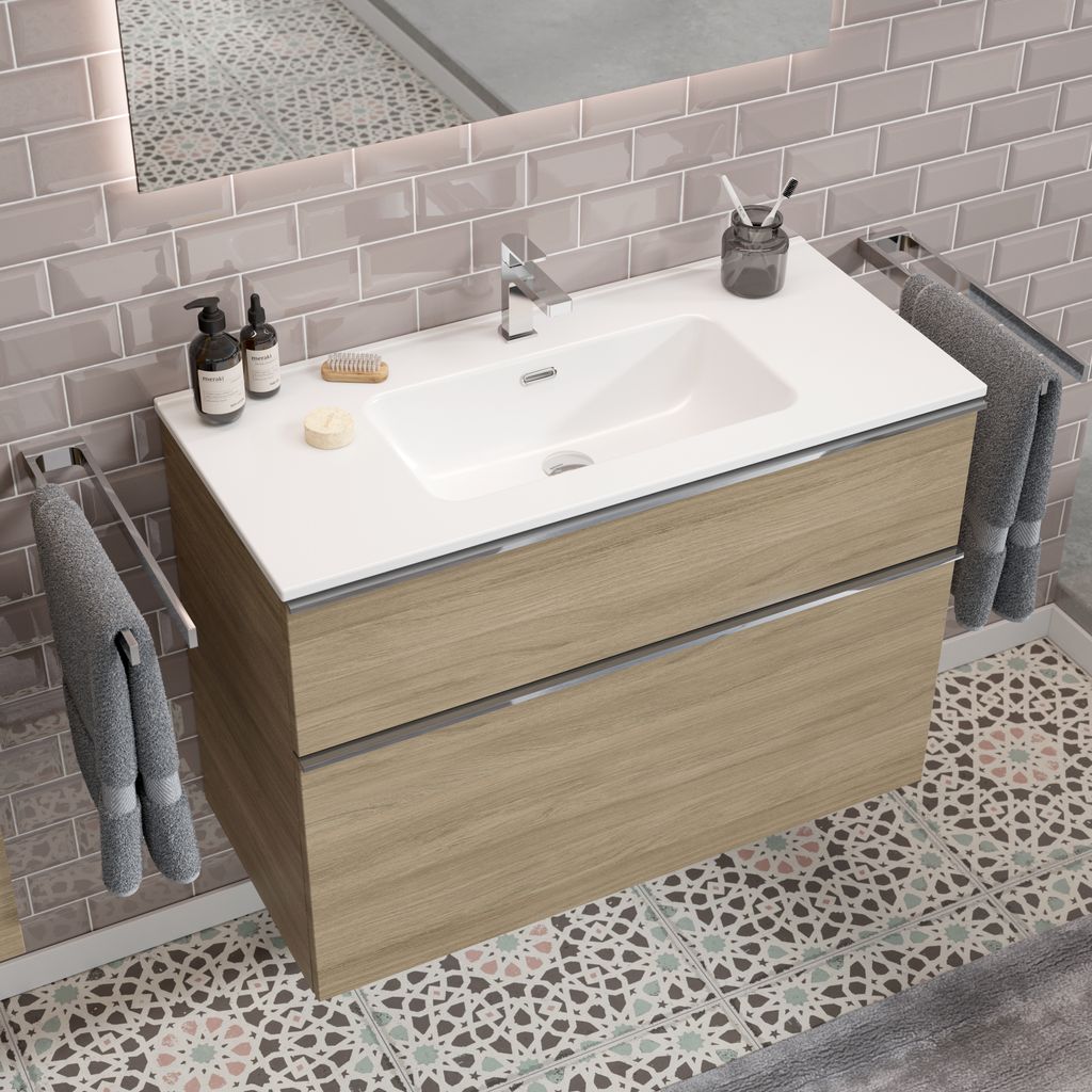 Griff Premium Waschbecken mit Unterschrank 100 cm Eiche Natur mit zwei Schubladen Waschtisch Badmöbel Badezimmer Schrank Badschrank