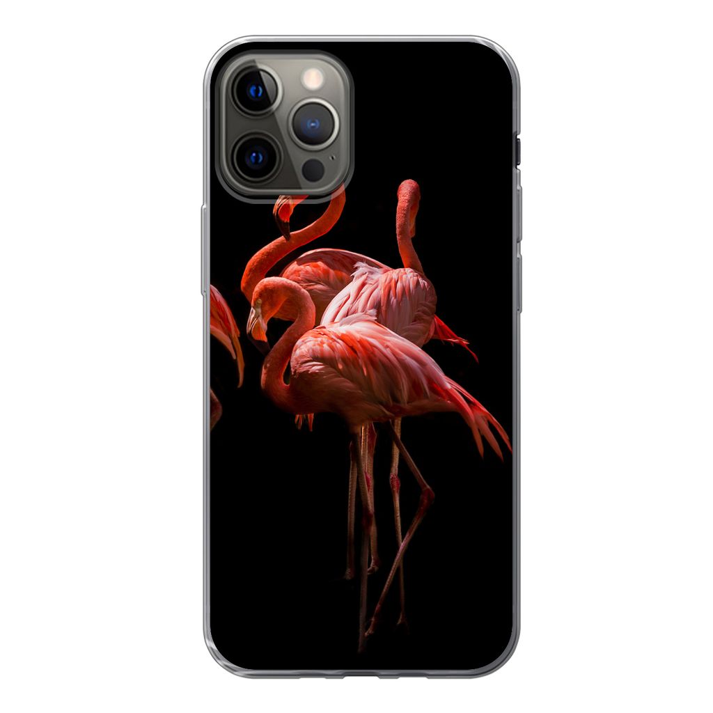 MuchoWow Handyhülle Schutzhülle Hülle für iPhone 13 Pro Flamingos - Vögel - Federn - Schwarz Silikon Softcase Handy Hülle - Handy-Tasche