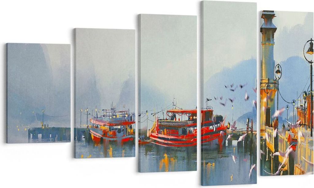 Bild auf Leinwand - Leinwandbild - Hafen Laterne Boot - 100x60cm - Wand Bild - Wanddeko - Leinwanddruck - Bilder - Kunstdruck - Wanddekoration - Le...