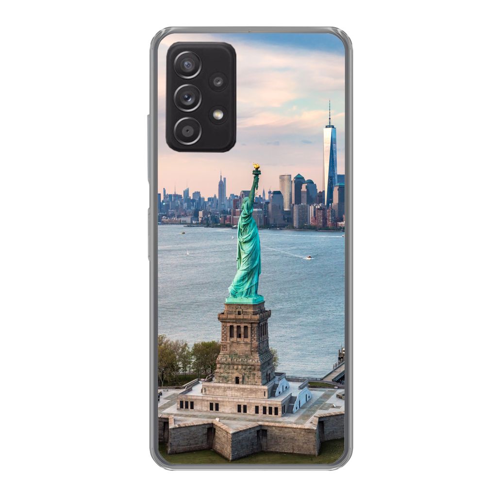 MuchoWow Handyhülle Schutzhülle Hülle für Samsung galaxy a73 Freiheitsstatue mit der Skyline von New York Silikon Softcase Handy Hülle - Han...