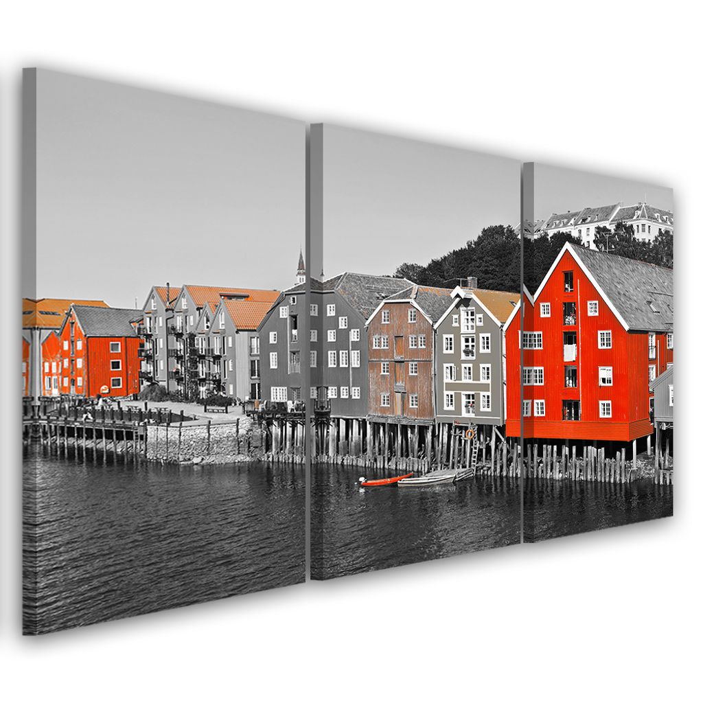 Triptychon auf leinwand rote städte & architektur 90x60 cm Feeby rot wandbild bereit zum aufhängen