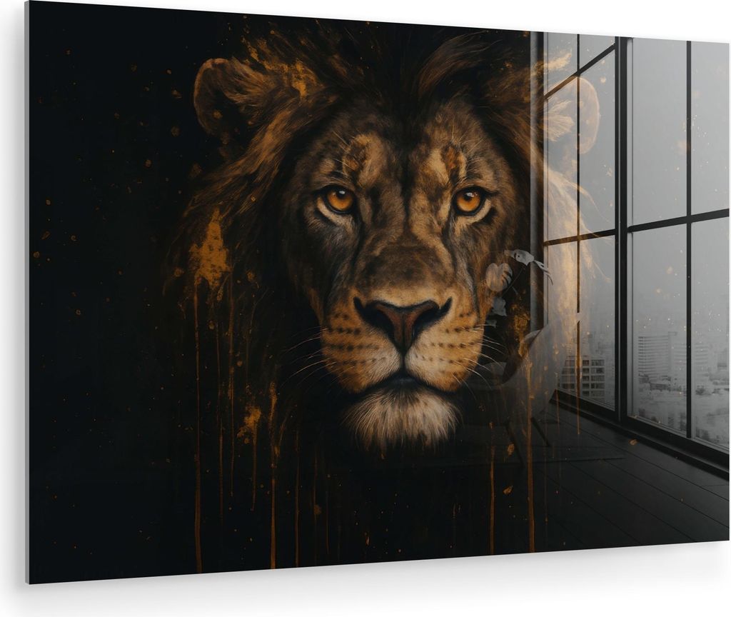 MuchoWow Glasbilder - Bilder auf Wandbild - Foto auf Glas Löwe - Gold - Drops 90x60 cm Wanddekoration aus Glas - Acrylglasbild - Acrylbilder - Wan...