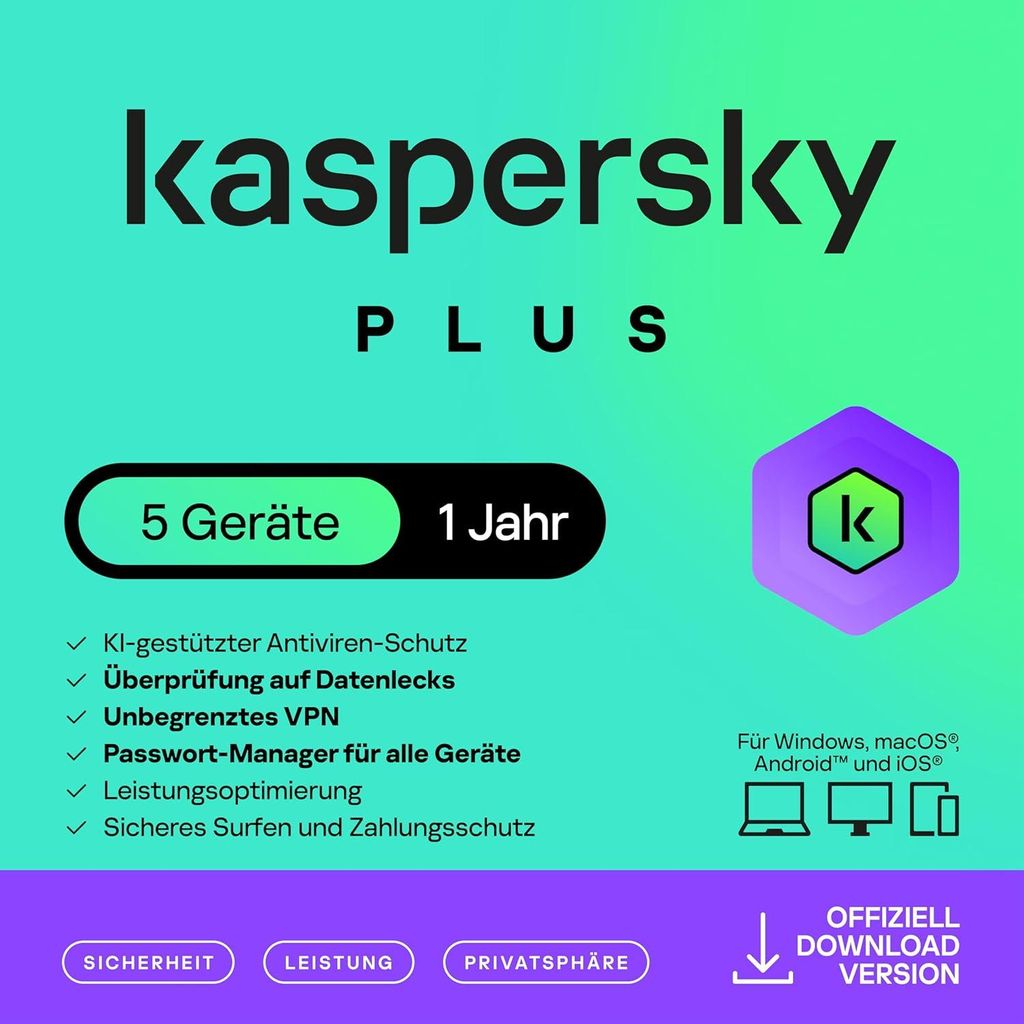 Kaspersky Plus Internet Security 2026 | 5 Devices | VPN | Passwort Manager