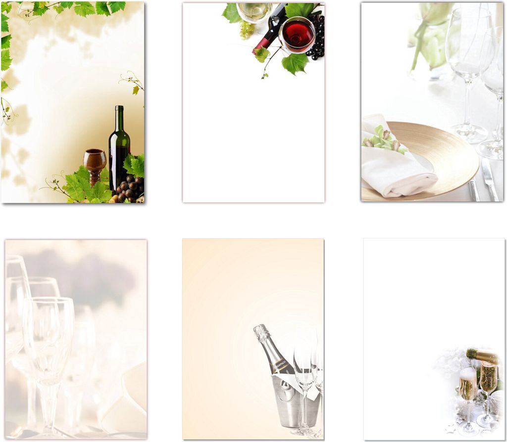 6 x 10 Blatt Motivpapier Briefpapier Set Mix Wein Geschirr Gläser Sekt (Gastronomie-5239)