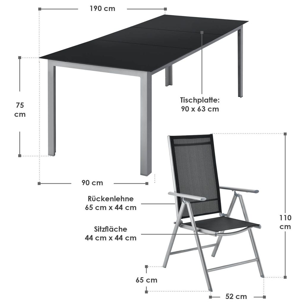 ArtLife Aluminium Gartengarnitur Milano Alu Sitzgruppe Balkonmöbel dunkel-grau mit schwarzer Kunstfaser Gartenmöbel Set mit Tisch und 8 Stühlen