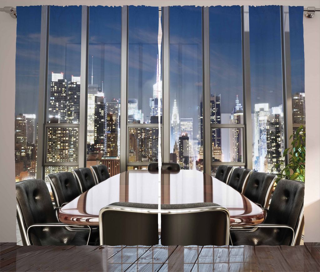 ABAKUHAUS Büro Rustikaler Vorhang, Business Zimmer Stadt, Wohnzimmer Universalband Gardinen mit Schlaufen und Haken, 280 x 245 cm, Schwarz Blau Grau